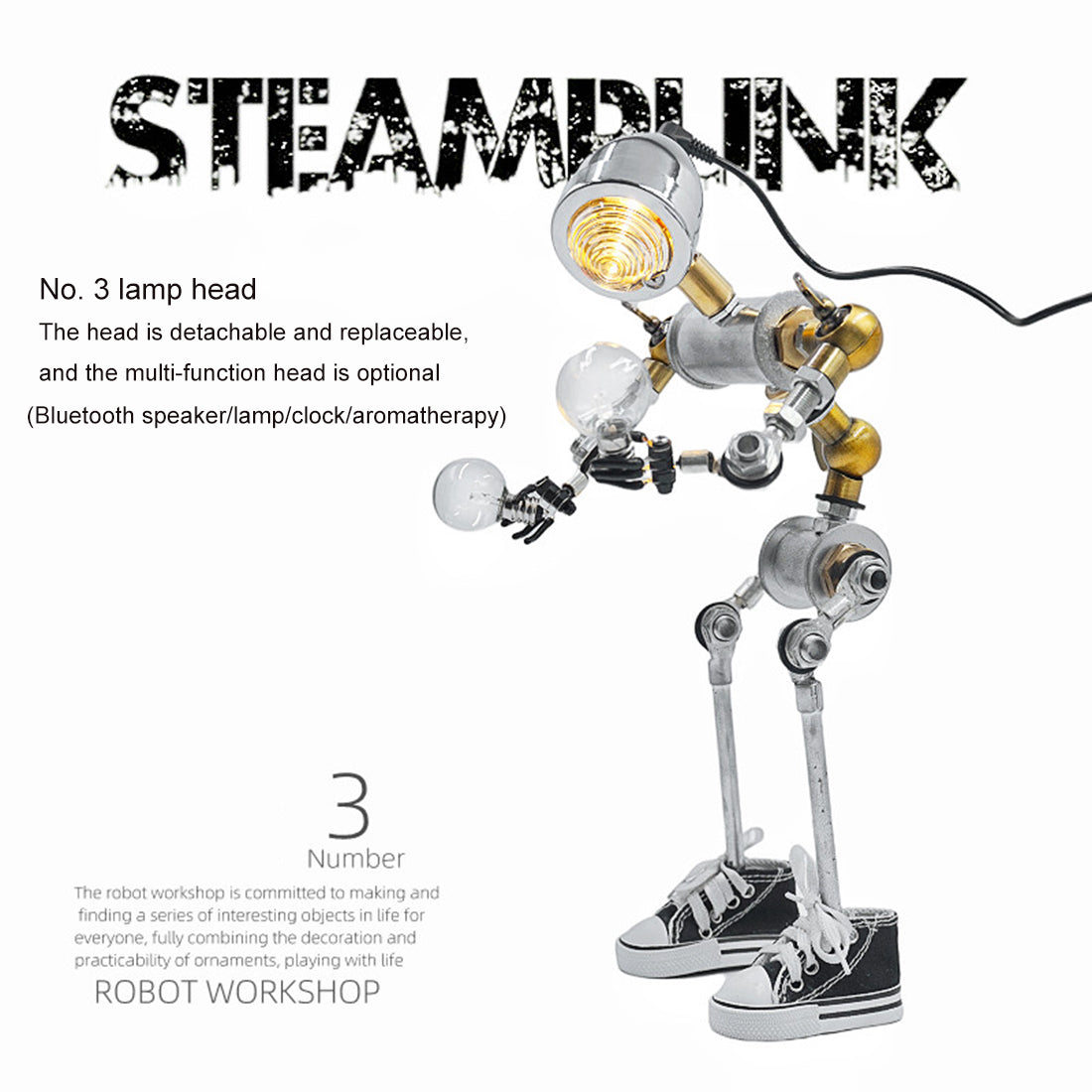 مصباح مكتب LED بمرآة محدبة رقم 3 بتصميم Steampunk مع رأس روبوت