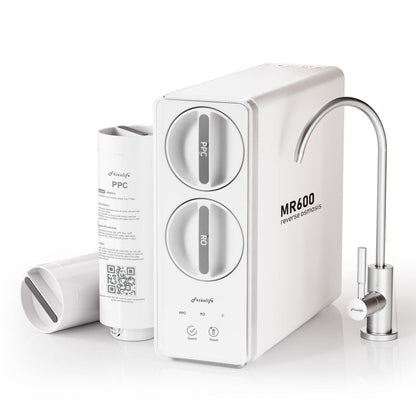 Frizzlife Reverse Osmosis Water Filter System, 8 Stage Under Sink Tankless RO System, 600 GPD Fast Flow, Reduces PFAS TDS, 3:1 Pure to Drain, Compact, MR600 White
