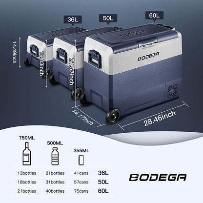 BODEGAcooler 38qt/36L Dual Zone 12V Portable Car Fridge T36