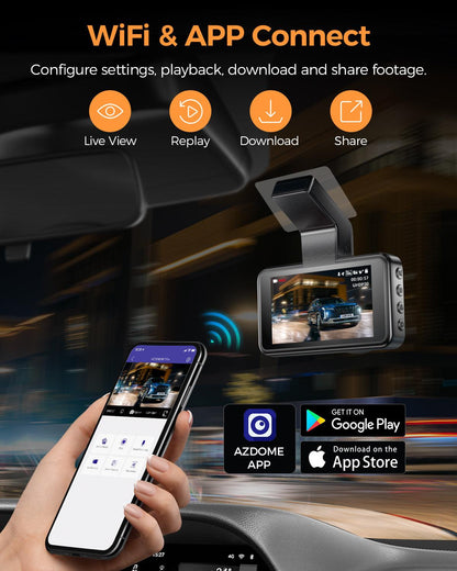 AZDOME M17 Pro Dash Cam - Voice-Activated, 3K Single Channel with 2K Front & 1K Rear Lenses, Super Night Vision, WiFi Enabled, App Control, Includes 64GB Card, Supports Up to 256G, Loop Recording & Emergency Lock