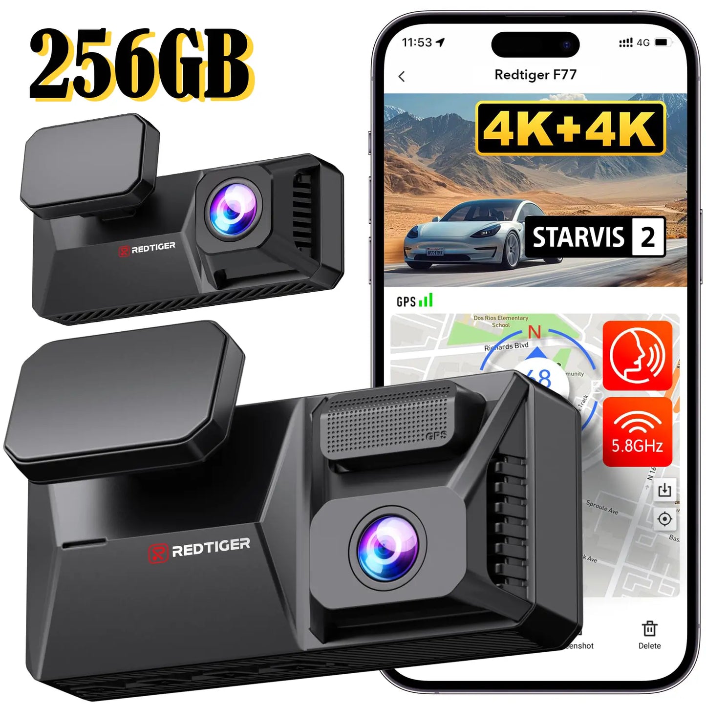 4K+4K WIFI Dual IMX678 Dash Cam STARVIS 2 Voice Control F77