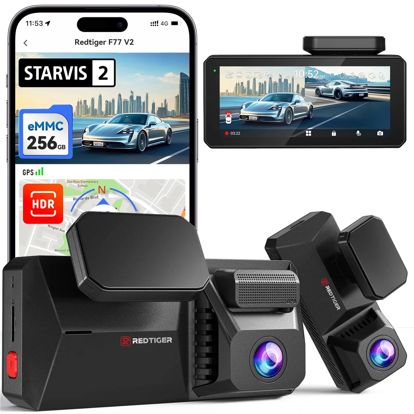F77 Starvis2 4K+4K Dual IMX678 Voice Control 5.8GHz WIFI Dash Cam