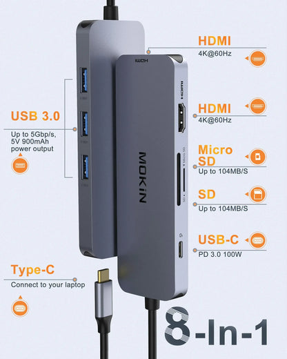 MOKiN 8 IN 1 USB-C to Dual HDMI Docking Station