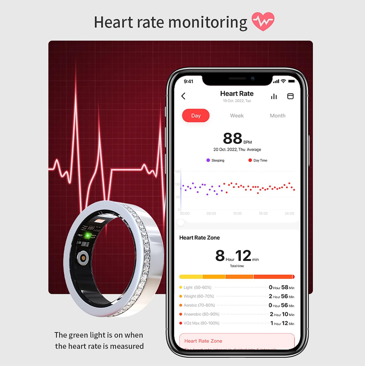 V8 Smart Ring for Women Fitness Ring Diamond Activity Tracker Heart Rate Monitor Sleep Smart Rings Pedometer Calorie Counter Ladies Rings for Women Silver