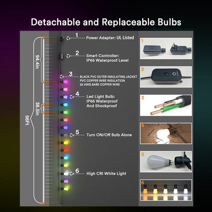 Lumary RGBAI Wi-Fi & Bluetooth Outdoor Bulb String Lights 100ft 30 LED Bulbs