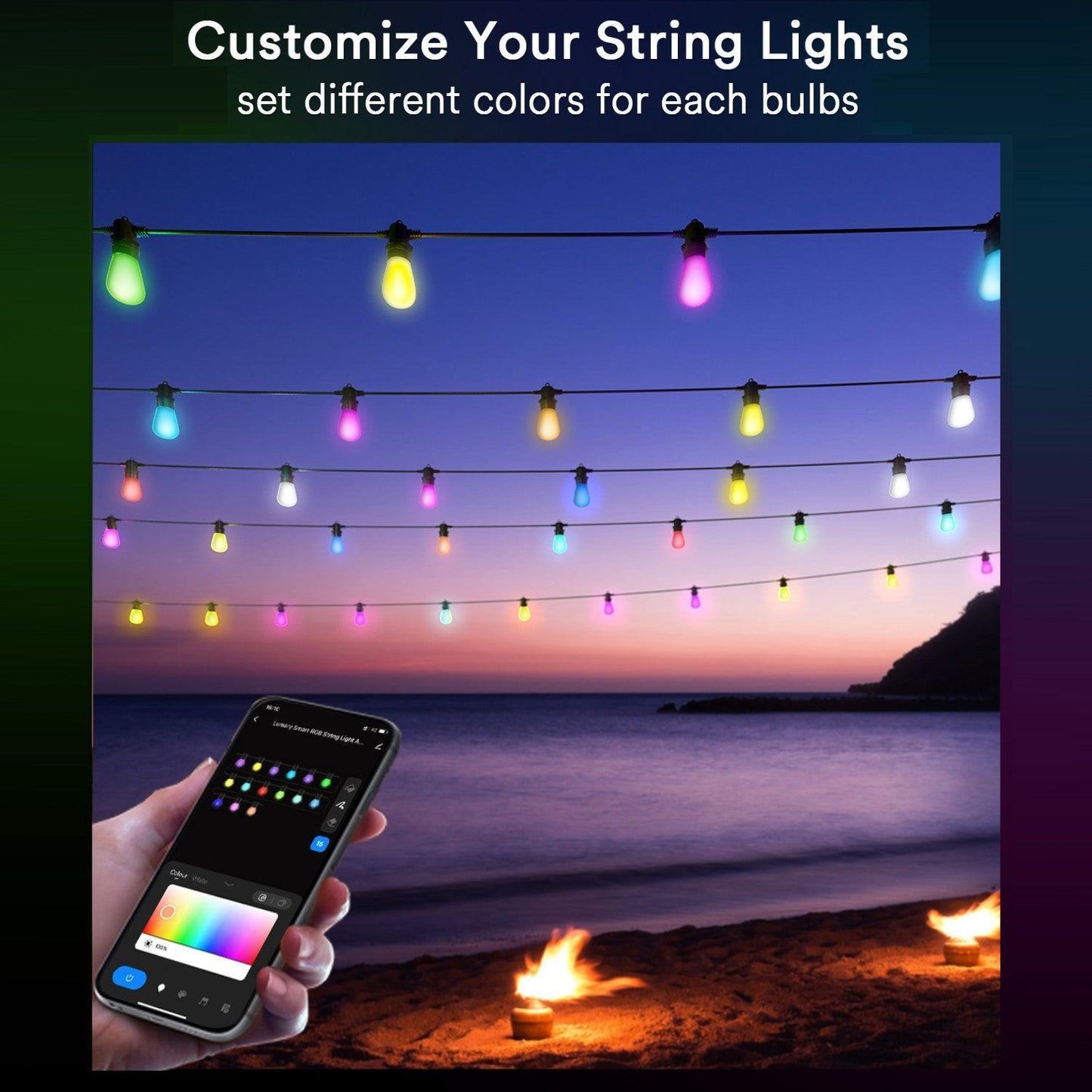 Lumary RGBAI Wi-Fi & Bluetooth Outdoor Bulb String Lights 100ft 30 LED Bulbs