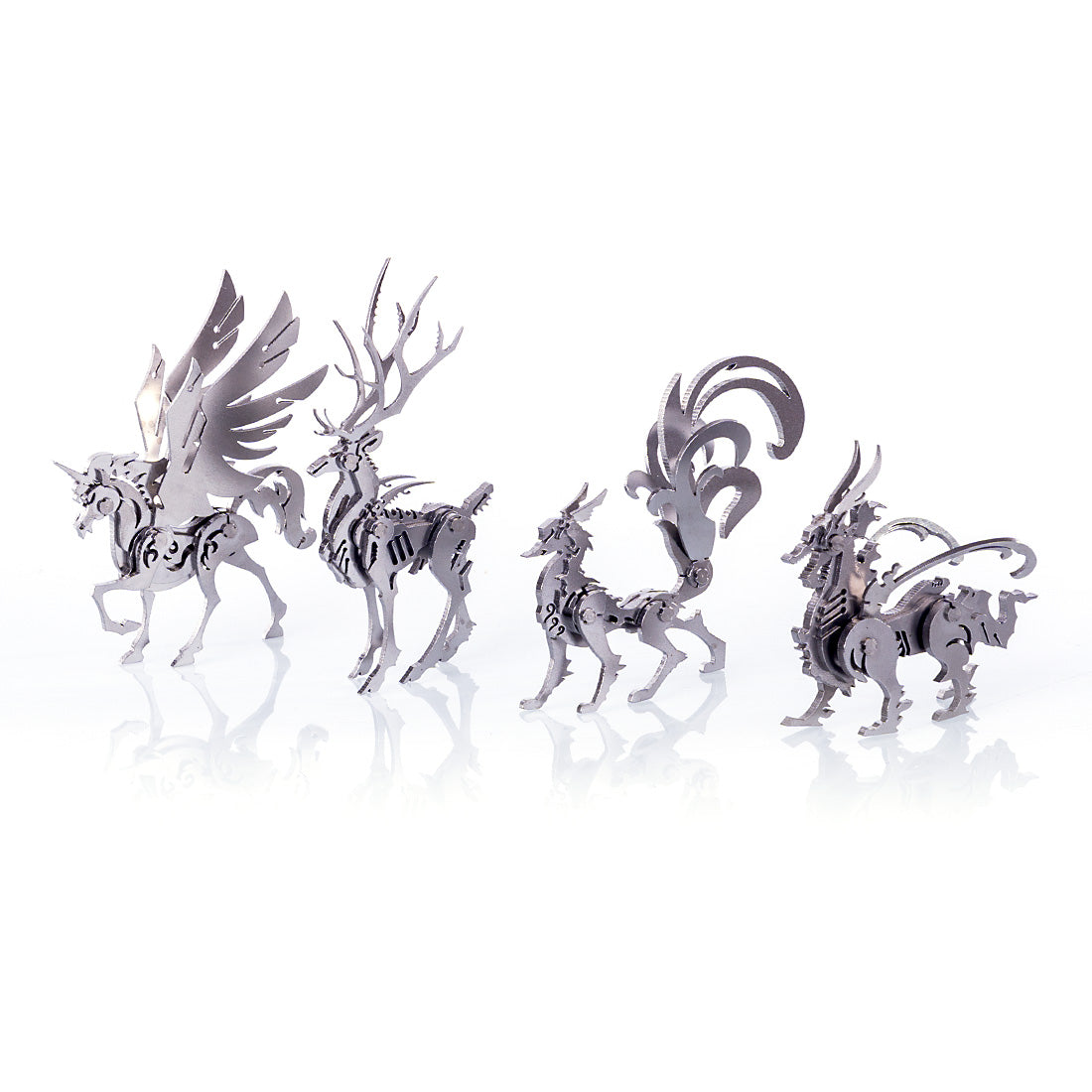 4PCS DIY 3D Assembly Stainless Steel Fox Elk Beast Unicorn Puzzle Toy Model