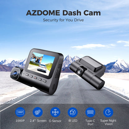 AZDOME V600 Dual Dash Cam Front and Rear, 1080P FHD Dashboard Camera, 2.4" IPS Screen Dashcam, Waterproof Backup Camera Night Vision, 24H Parking Monitor, G-Sensor Wide Angle Dual Lens Dashcam